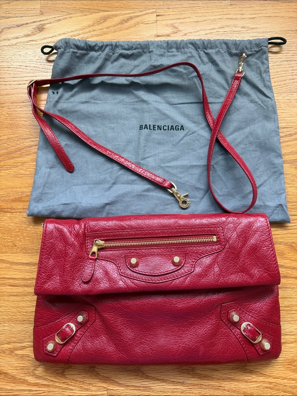 Balenciaga Red Leather Foldover Clutch with Detachable Strap
